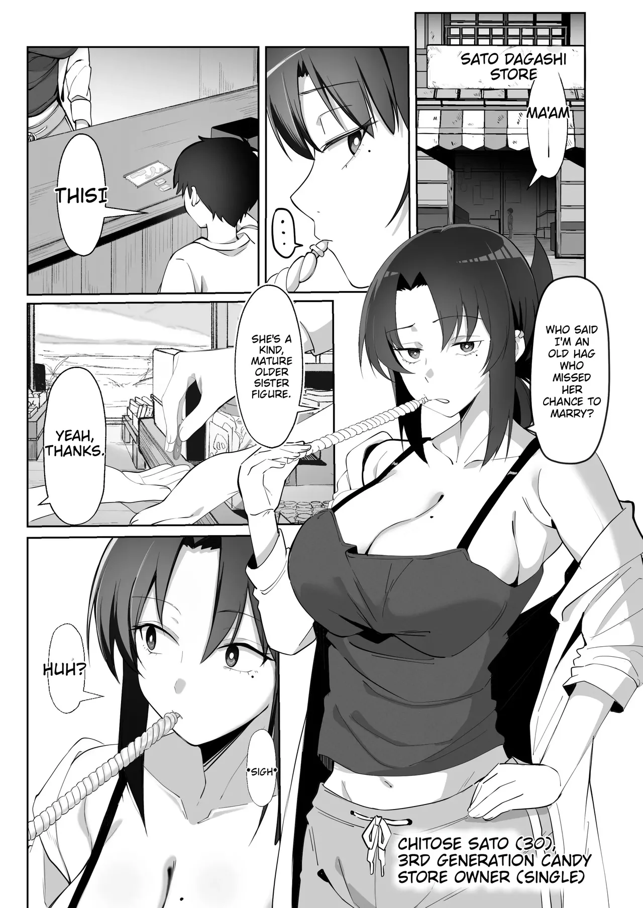15-Nen-buri ni Saikai shita Dakashiya no Ikiokure Nagachichi Onee-san wa Ooatari | Reuniting after 15 years, the unmarried older sister who runs the penny candy shop is a total knockout. — preview page 4